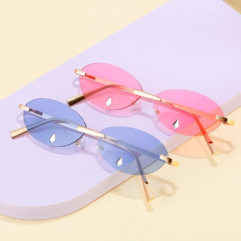 Randlose Ovale Sonnenbrille Für Damen Trendy Y2K Mode Sonnenbrille Metallrahmen Strass Dekoration UV400 Ozean Linse Partybrille