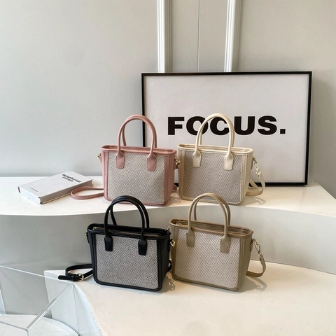 Women Handbag Tote Woven Fabric PU Leather Patchwork Large Capacity Top Handle Adjustable Shoulder Strap Commuter Elegant