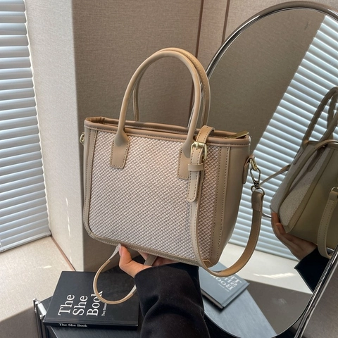 Women Handbag Tote Woven Fabric PU Leather Patchwork Large Capacity Top Handle Adjustable Shoulder Strap Commuter Elegant