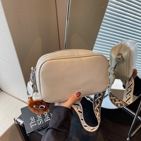 Women Crossbody Camera Bag PU Leather Small Square Bag With Wide Geometric Strap And Cute Monster Plush Charm Trendy
