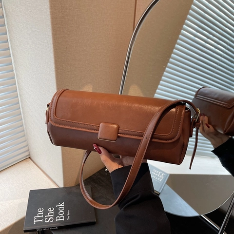 Vintage French Baguette Bag PU Leather Underarm Shoulder Bag Minimalist Square Flap Handbag For Women Casual Daily