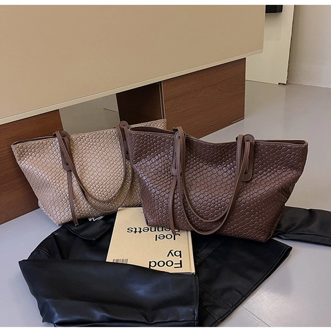 Bolso Tote Grande Para Mujer De Cuero PU Trenzado Bolso De Hombro Para Viajes De Trabajo Color Sólido Bolso De Mano Minimalista