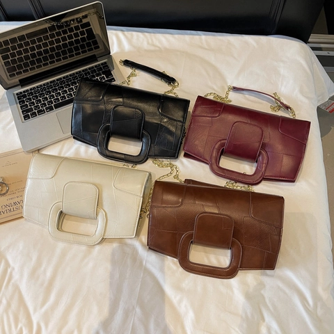 Women Crossbody Handbag PU Leather Patchwork Design Gold Chain Strap Integrated Handle Retro Chic French Niche Flap Bag