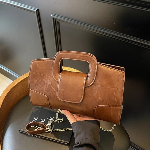 Women Crossbody Handbag PU Leather Patchwork Design Gold Chain Strap Integrated Handle Retro Chic French Niche Flap Bag