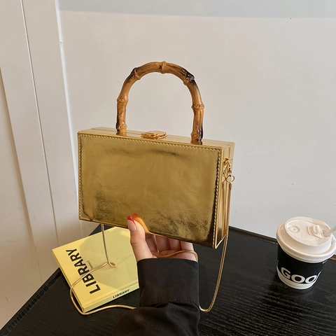 Damen Box Clutch Tasche Mit Bambusgriff PU Leder Metallic Abend Party Handtasche Umhängetasche Mit Kette