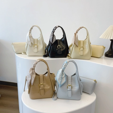 Damen Eimertasche Krokodilmuster PU Leder Handtasche Mit Satinnschal Griff Innentasche Schulter Umhängetasche Pendler Elegant