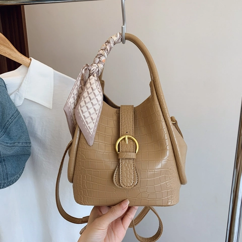 Damen Eimertasche Krokodilmuster PU Leder Handtasche Mit Satinnschal Griff Innentasche Schulter Umhängetasche Pendler Elegant
