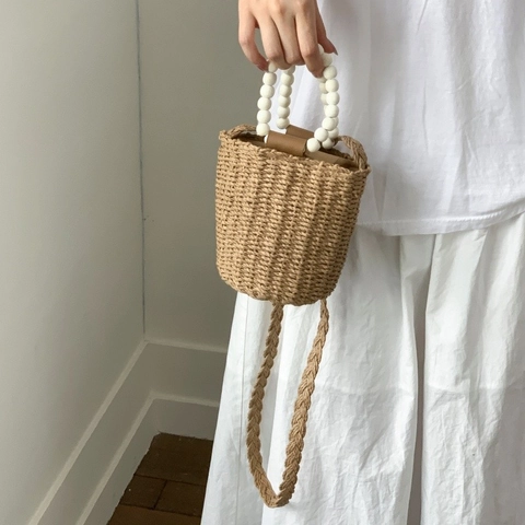Strohgeflochtene Beuteltasche Mit Weißen Perlen Griff Und Langem Riemen Sommer Strandurlaub Umhängetasche Für Damen