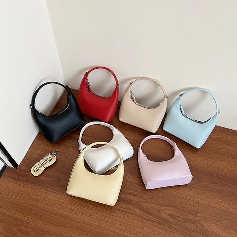 Chic Women Hobo Bag PU Leather Solid Color Half Moon Handbag Minimalist Shoulder Bag With Detachable Strap Zipper Closure