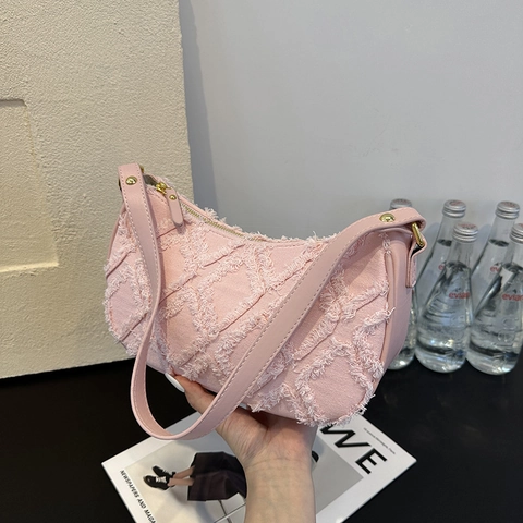 Retro Denim Frayed Diamond Pattern Hobo Bag Large Capacity Half Moon Shoulder Underarm Purse For Women Chic Street