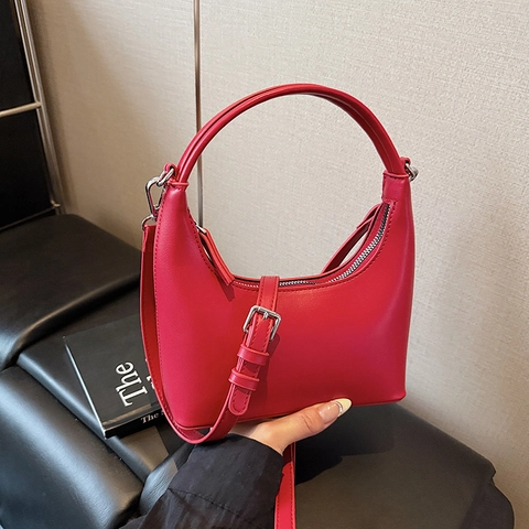 Chic Women Hobo Bag PU Leather Solid Color Half Moon Handbag Minimalist Shoulder Bag With Detachable Strap Zipper Closure
