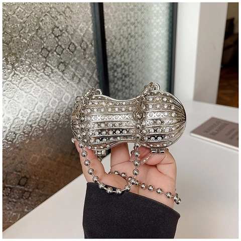 Peanut Shaped Novelty Evening Bag Metal Rhinestone Inlaid Beaded Chain Clutch For Women Wedding Party Luxury