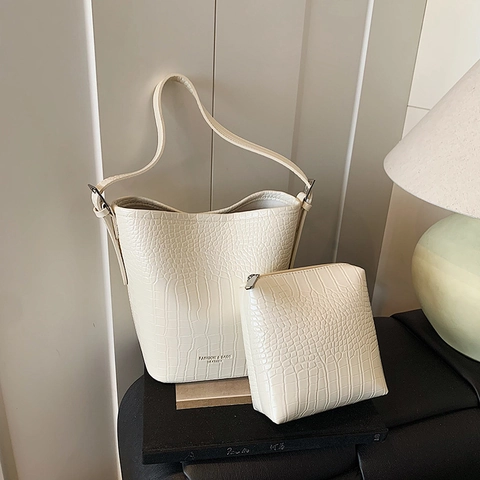 Eimertasche Und Innentasche Krokodilprägung PU Leder Große Kapazität Retro Lässig Schulter Umhängetasche Für Damen