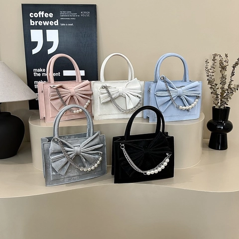 Women Handbag Crossbody Bag PU Leather Large Bow Decoration Artificial Pearl Metal Chain Elegant Top Handle Square Shoulder Purse