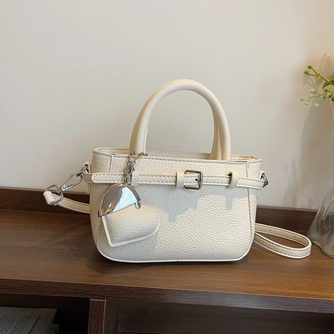 Women PU Leather Lychee Pattern Handbag Mini Tote With Heart Pendant Crossbody Shoulder Bag Adjustable Strap Fashion Casual