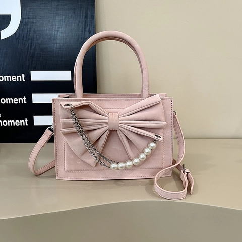 Women Handbag Crossbody Bag PU Leather Large Bow Decoration Artificial Pearl Metal Chain Elegant Top Handle Square Shoulder Purse