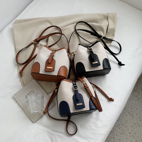 Retro Canvas Color Block Emmertas Contrast PU Leer Patchwork Trekkoord Schoudertas Voor Dames Casual