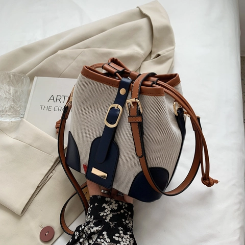 Retro Canvas Color Block Emmertas Contrast PU Leer Patchwork Trekkoord Schoudertas Voor Dames Casual