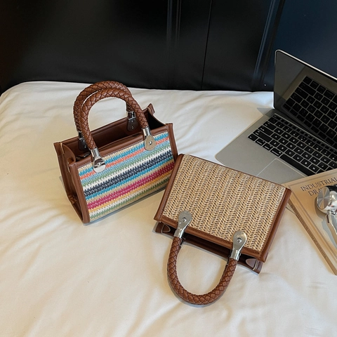 Bolso De Mano De Paja Tejida Mini Bolso Tote Con Ribete De Cuero PU Correa De Hombro Desmontable Bloque De Color Para Mujeres