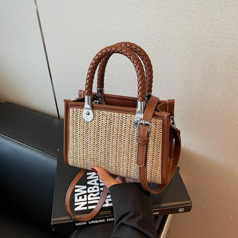 Bolso De Mano De Paja Tejida Mini Bolso Tote Con Ribete De Cuero PU Correa De Hombro Desmontable Bloque De Color Para Mujeres