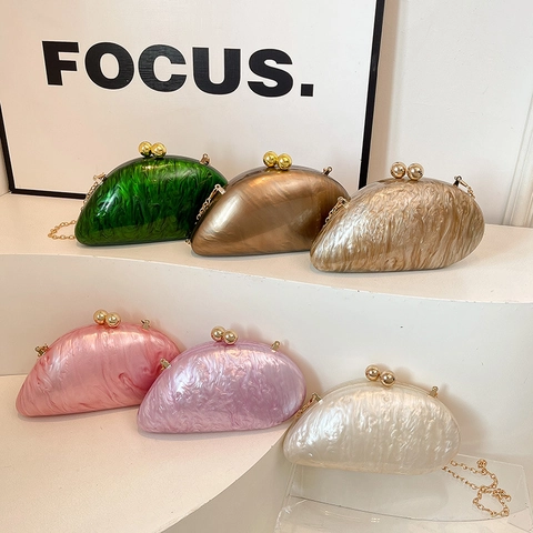 Acrylic Evening Clutch Bag Marble Texture Gold Sphere Clasp Shell Shape Elegant Party Wedding Fashion Handbag For Women