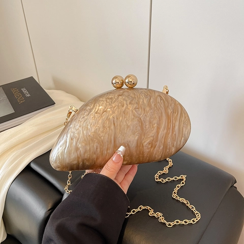Acrylic Evening Clutch Bag Marble Texture Gold Sphere Clasp Shell Shape Elegant Party Wedding Fashion Handbag For Women