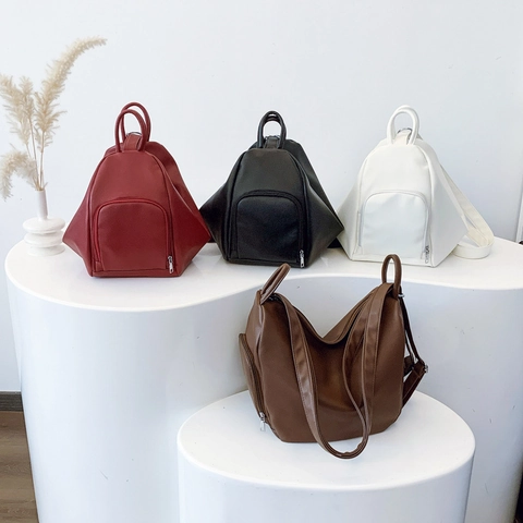Zaino Moda Donna Pelle PU Motivo Litchi Geometrico Triangolare Grande Capacità Multifunzionale Casual