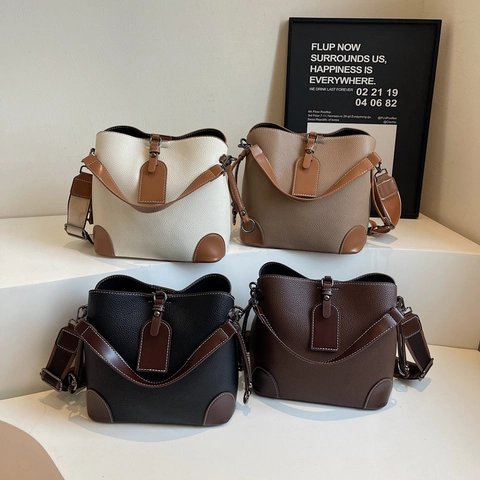 Eimer Tasche Damen PU Litchi Textur Breiter Schultergurt Kontrastnähte Große Kapazität Retro Urban Handtasche