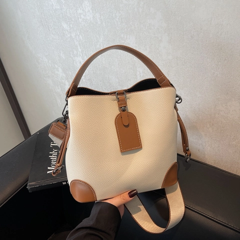Eimer Tasche Damen PU Litchi Textur Breiter Schultergurt Kontrastnähte Große Kapazität Retro Urban Handtasche