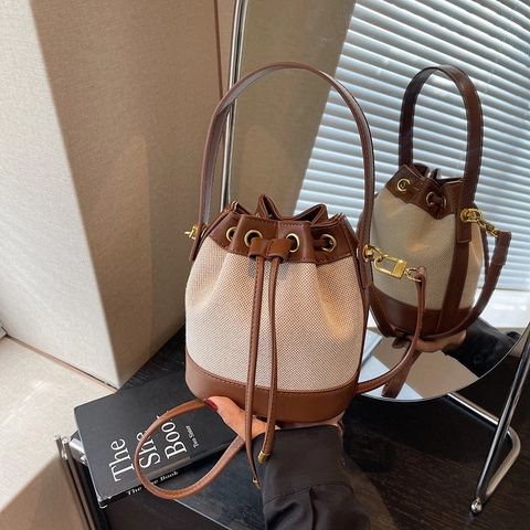 Bolso Cubo Vintage Para Mujer Lona PU Cuero Patchwork Color De Contraste Cordón Hombro Bandolera Casual