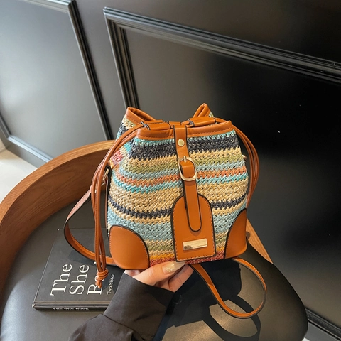 Ψάθινη Πλεκτή Τσάντα Bucket Γυναικεία PU Δέρμα Patchwork Κορδόνι Καλοκαιρινές Διακοπές Ρετρό Casual Τσάντα Ώμου