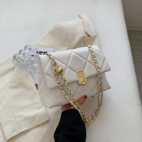 Damen Gesteppte Umhängetasche PU Leder Rautenmuster Metallkettenriemen Goldkugel Verstellung Elegante Pendler Umhängetasche