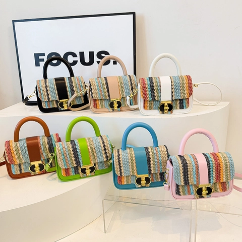 Borsa A Mano Intrecciata A Righe Da Donna Pelle PU Colore A Contrasto Borsa A Tracolla Con Chiusura In Metallo Quadrata