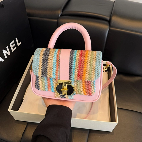Borsa A Mano Intrecciata A Righe Da Donna Pelle PU Colore A Contrasto Borsa A Tracolla Con Chiusura In Metallo Quadrata