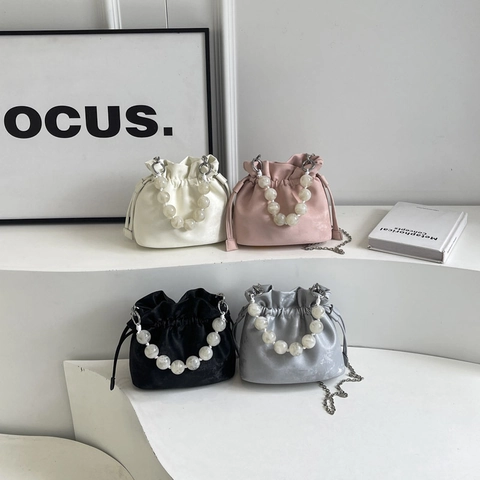Dames Beaded Trekkoord Emmer Tas PU Leer Zilveren Metalen Ketting Schouder Crossbody Handtas Elegant Minimalistisch