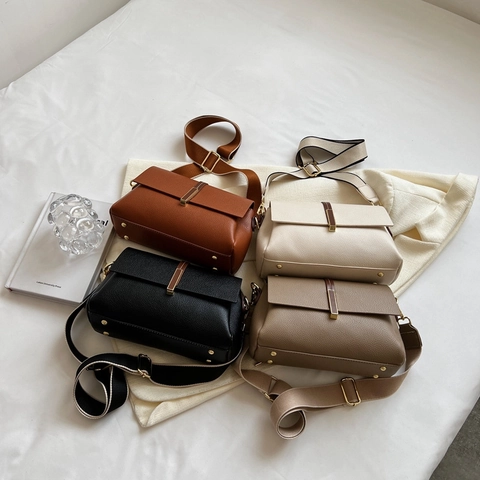 Women Crossbody Bag Litchi Pattern PU Leather Flap Wide Strap Fashion Large Capacity Shoulder Square Bag Daily Commute