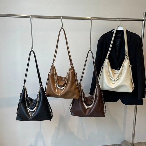Women Hobo Bag Backpack Large Capacity PU Leather With Artificial Pearl Gold Chain Decor Multi Functional Shoulder Bag For Travel