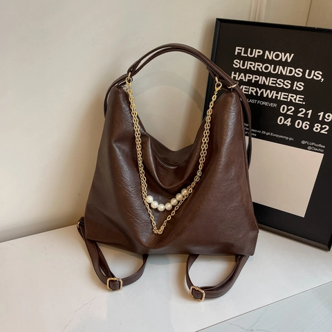 Women Hobo Bag Backpack Large Capacity PU Leather With Artificial Pearl Gold Chain Decor Multi Functional Shoulder Bag For Travel