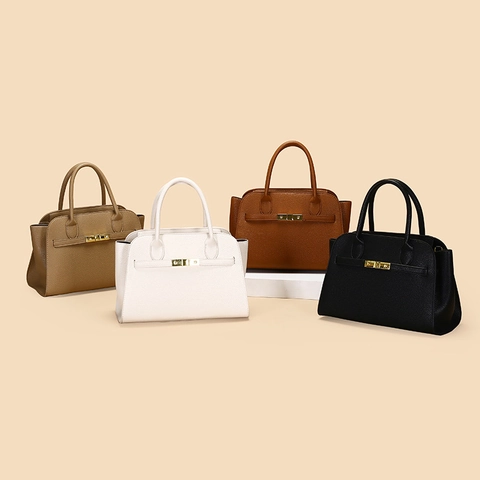 Women Litchi Grain PU Leather Tote Handbag Large Capacity Crossbody Bag With Golden Lock Elegant Minimalist
