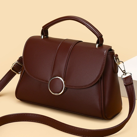 Women Handbag PU Leather Crossbody Bag Soft Square Vintage Metal Ring Buckle Top Handle Adjustable Shoulder Bag Fashion