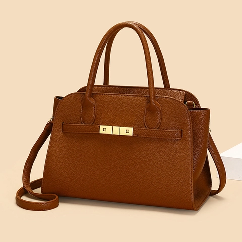 Women Litchi Grain PU Leather Tote Handbag Large Capacity Crossbody Bag With Golden Lock Elegant Minimalist
