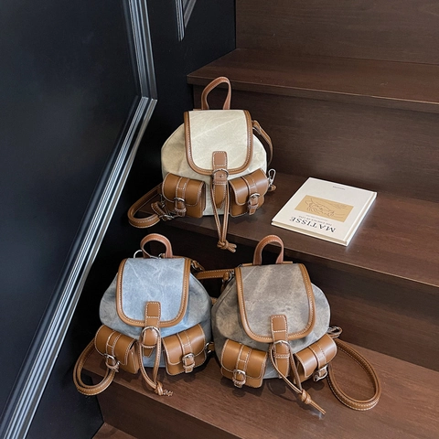 Mini Zaino Vintage Donna Tela Denim Pelle PU Cuciture A Contrasto Tasca Multi Retrò Casual Viaggio Daypack