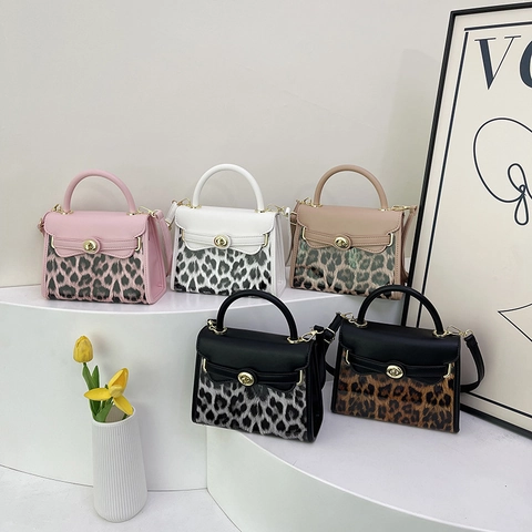 Leopard Print Patchwork Women Crossbody Handbag PU Leather Small Square Bag With Top Handle Fashion Retro Rotary Lock