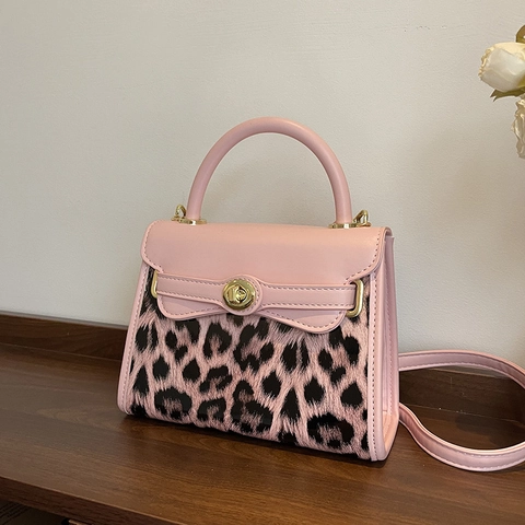 Leopard Print Patchwork Women Crossbody Handbag PU Leather Small Square Bag With Top Handle Fashion Retro Rotary Lock
