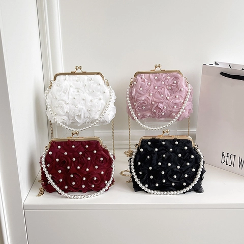 Borsa Da Sera Con Fiori E Künstliche Perle Per Donna Elegante Clutch Da Matrimonio Vintage Kiss Lock Con Manico Di Künstliche Perle E Catena
