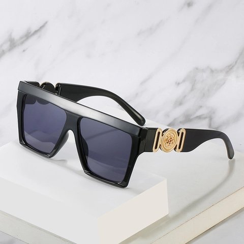 Oversized Square Sunglasses Plastic Frame Metal Flower Relief UV400 Protection For Women Fashion Flat Top Shades