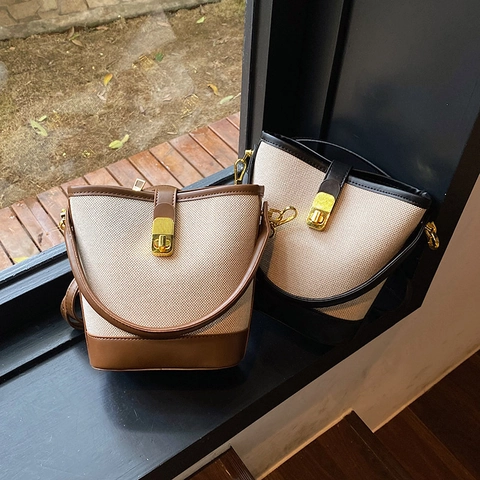 Borsa A Secchiello Retro In Tela E Pelle PU Per Donna Piccola Borsa A Mano Di Moda Con Tracolla Regolabile Crossbody