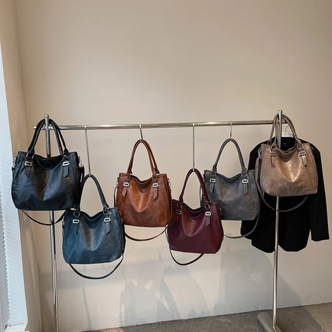 Bolso Tote De Cuero PU Vintage De Gran Capacidad Bolso De Mano Minimalista De Color Sólido Bolso De Hombro Para Mujeres