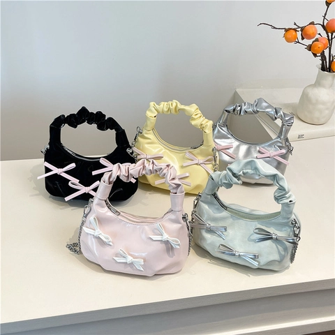 Sac À Main Femme En Cuir PU Avec Nœud Poignée Froncée Chaîne Sac À Épaule Doux Hobo Bandoulière