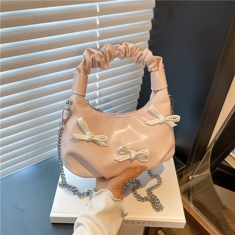Sac À Main Femme En Cuir PU Avec Nœud Poignée Froncée Chaîne Sac À Épaule Doux Hobo Bandoulière
